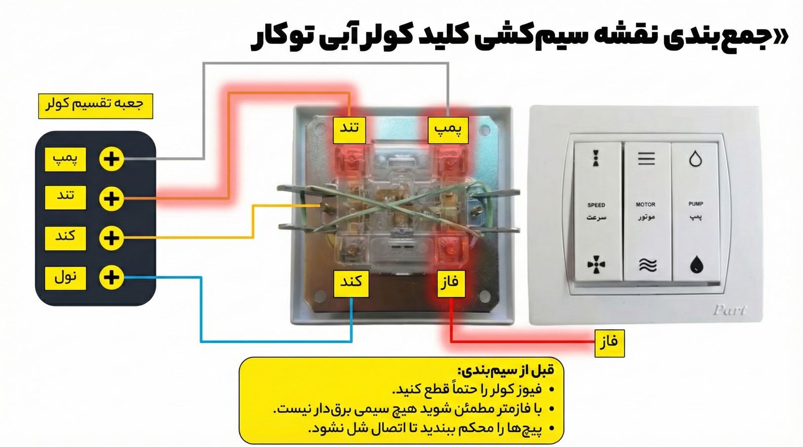 نصب کلید کولر آبی توکار و روکار + نقشه سیم بندی مدل قدیم و جدید